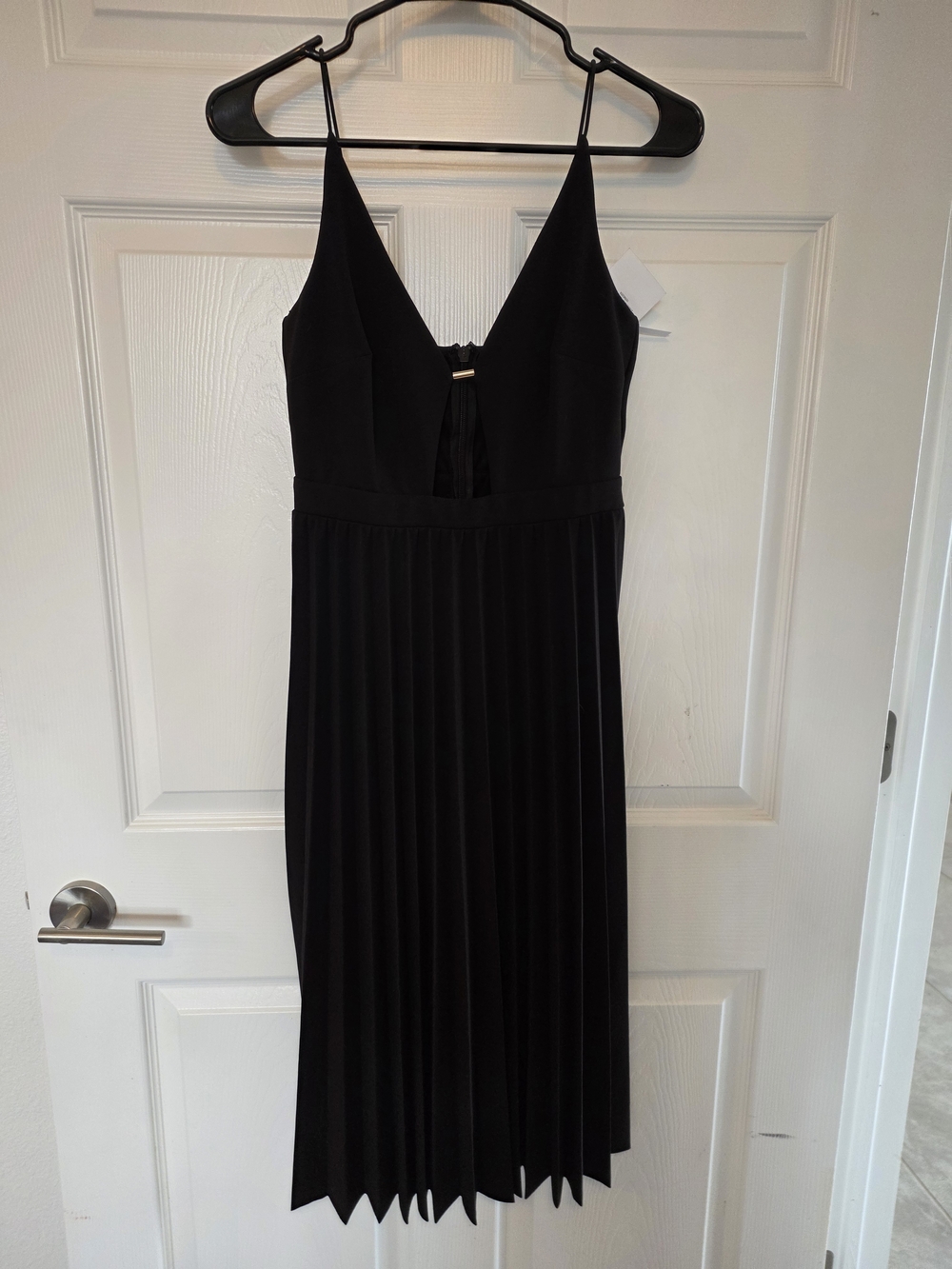 ASOS Black Pleated Dress with V-Neck Gold Trim and Spaghetti Straps